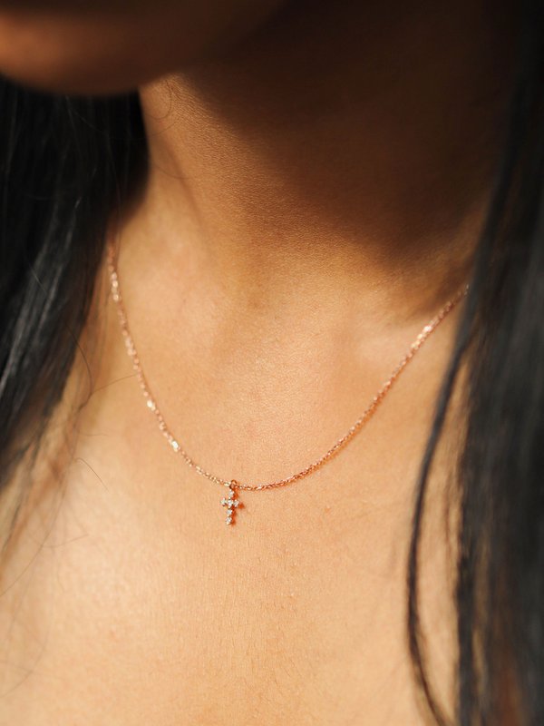 Cross Necklace - Diamonds in 14k Solid Rose Gold