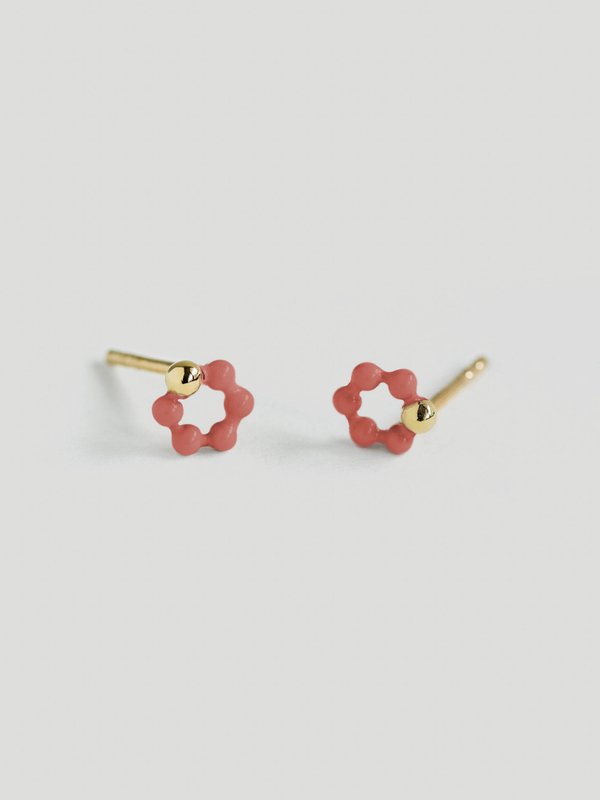Ola Ear Studs with Coral Enamel in Champagne Gold