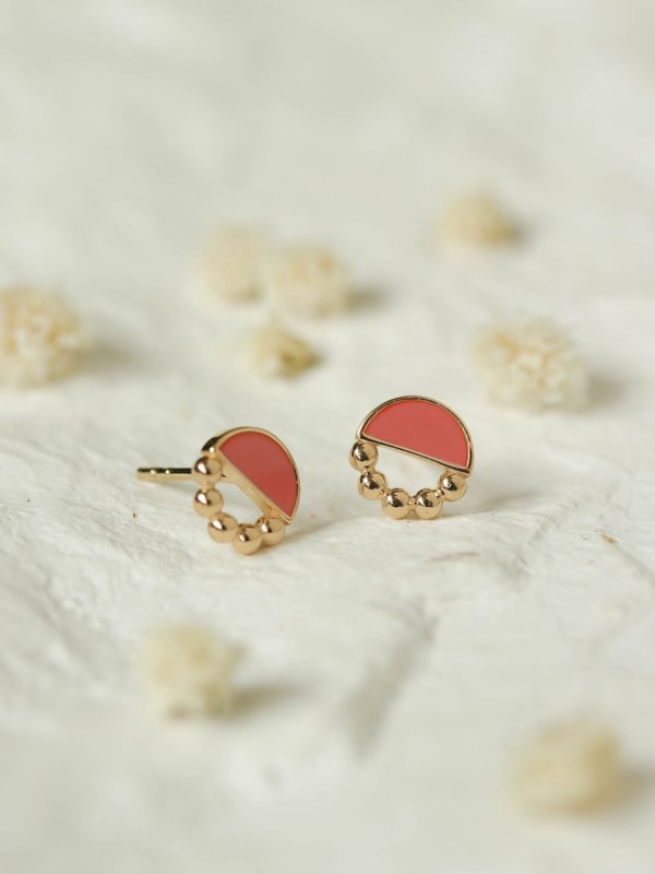 Ophelia Ear Studs with Coral Enamel in Champagne Gold