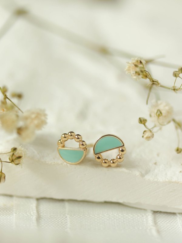 Ophelia Ear Studs with Mint Enamel in Champagne Gold