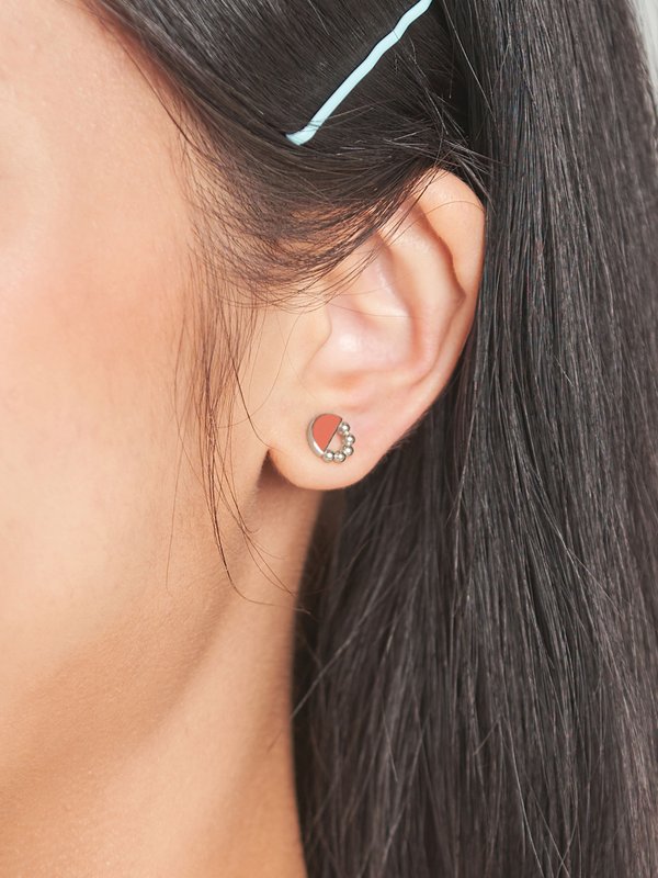 Ophelia Ear Studs with Coral Enamel in Silver