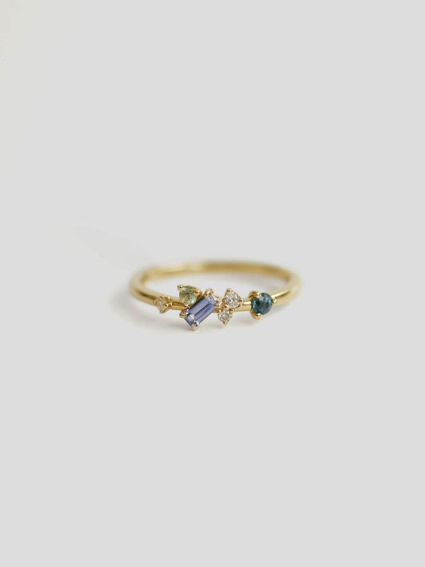 One-of-a-kind Gleam Cluster Ring - Mix Sapphires and Diamonds in 18k Solid Gold 01