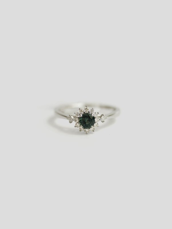 One-of-a-kind Halo Ring - Teal Green Sapphire and Diamonds in 18k Solid White Gold 01