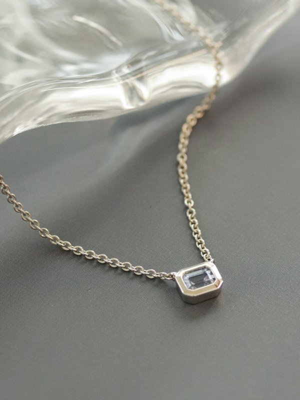 One-of-a-kind Bezelled Necklace - Emerald-Cut White Sapphire in 18K Solid White Gold 01