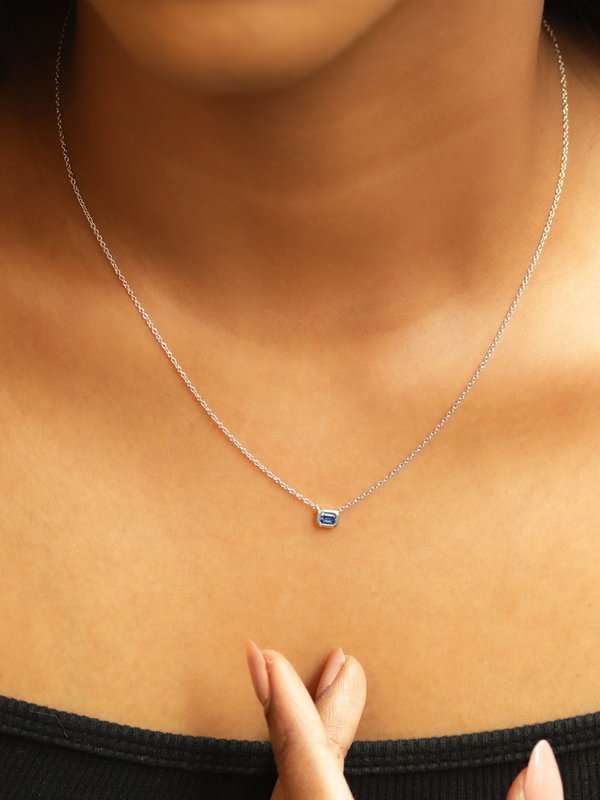 One-of-a-kind Bezelled Necklace - Emerald-Cut Blue Sapphire in 18K Solid White Gold 02