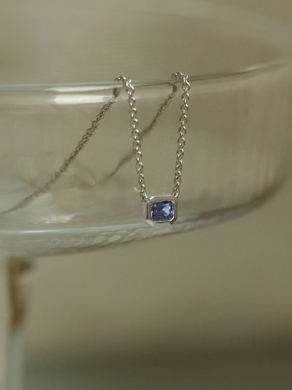 One-of-a-kind Bezelled Necklace - Emerald-Cut Blue Sapphire in 18K Solid White Gold 02