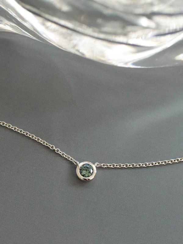 One-of-a-kind Bezelled Necklace - Round-Cut Light Teal Sapphire in 18K Solid White Gold 01