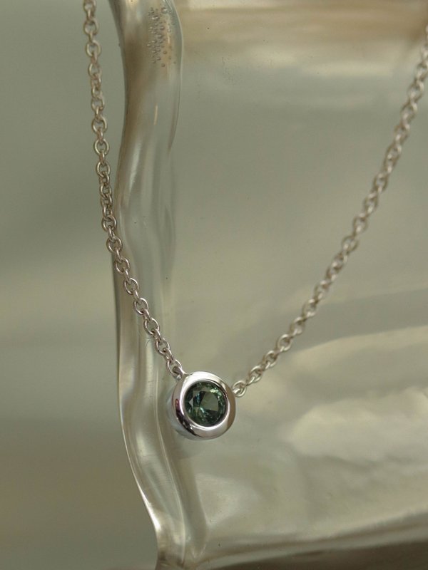 One-of-a-kind Bezelled Necklace - Round-Cut Dark Teal Sapphire in 18K Solid White Gold 02