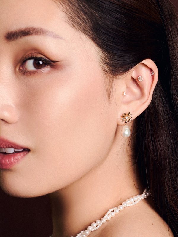 Strange x Curious - Passion Earrings - Baroque Pearl & White Topaz in Champagne Gold