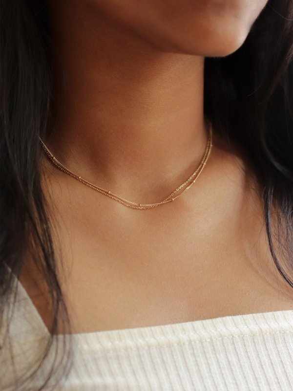 Satellite Layered Necklace - Double Chain in Champagne Gold