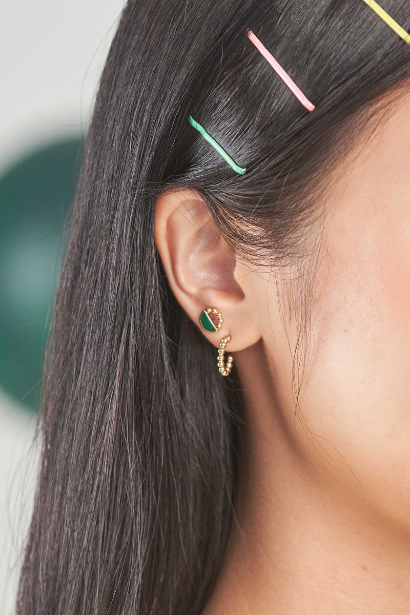 Ophelia Gold Ear Studs with Forest Green Enamel