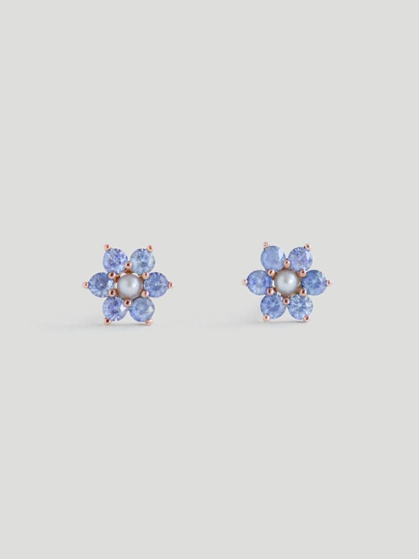 Daisy Ear Studs - Blue Sapphire & Freshwater Pearl in 14K Rose Gold 