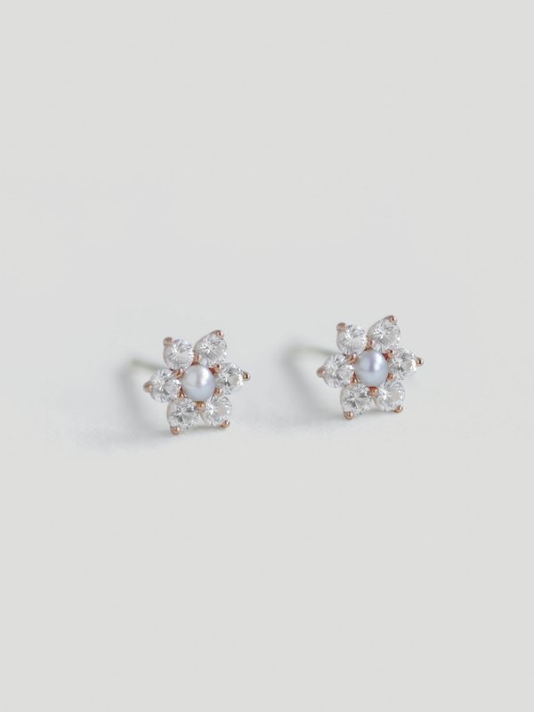 Daisy Ear Studs - White Sapphire & Freshwater Pearl in 14K Rose Gold