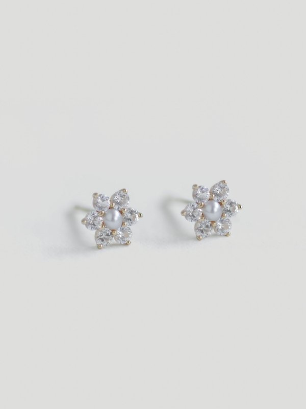 Daisy Ear Studs - White Sapphire & Freshwater Pearl in 14K Gold