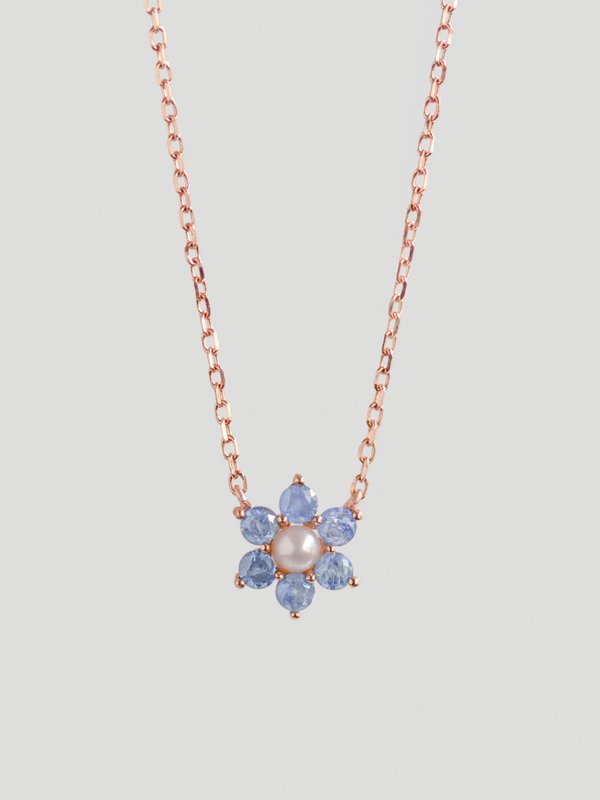 Daisy Necklace - Blue Sapphire & Freshwater Pearl in 14K Rose Gold 