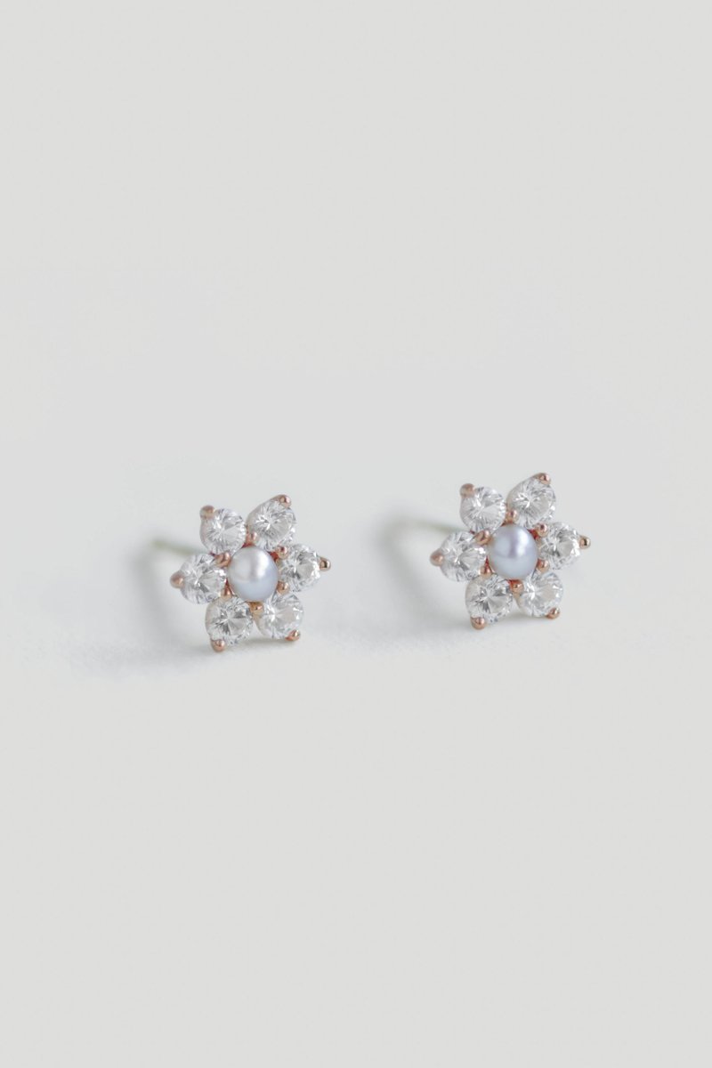 Daisy 14K Rose Gold Ear Studs with White Sapphire & Freshwater Pearl