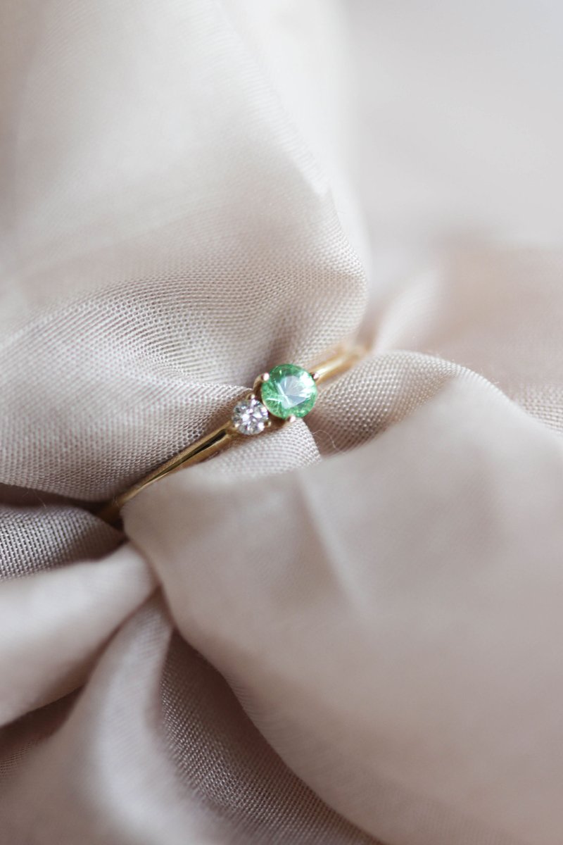 Duo 14k Solid Gold Ring with Emerald and Diamonds