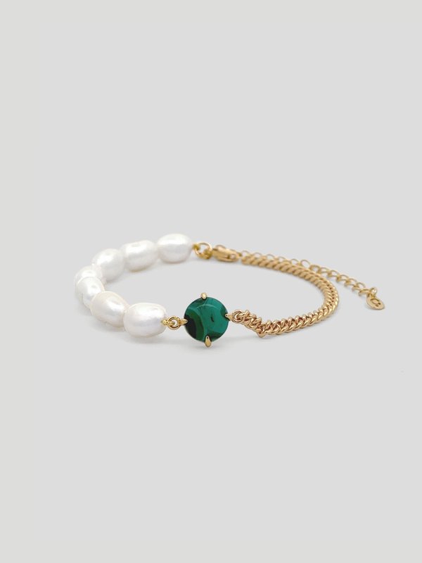 Quincy Bracelet - Malachite & Keishi Pearls in Champagne Gold