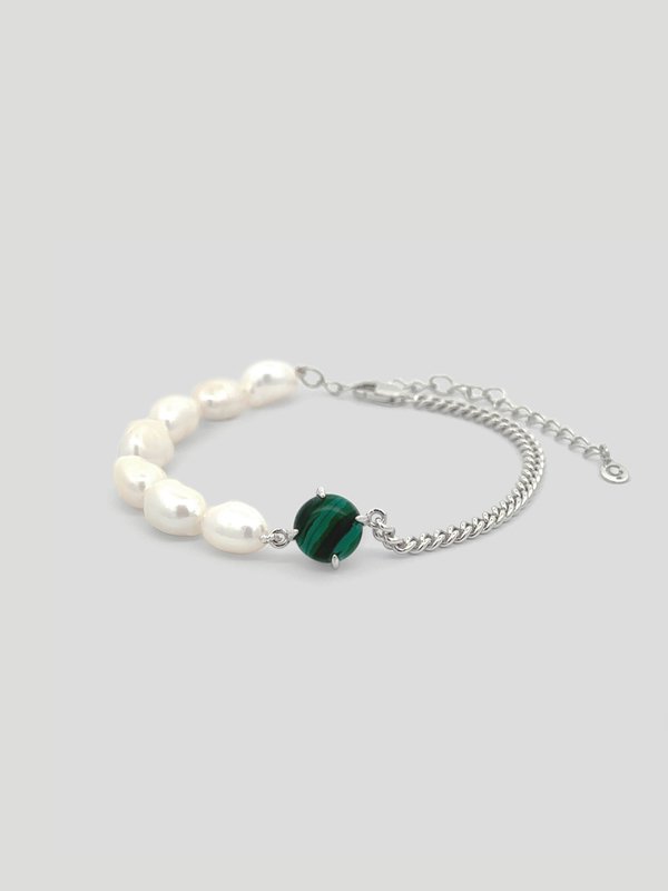 Quincy Bracelet - Malachite & Keishi Pearls in Silver