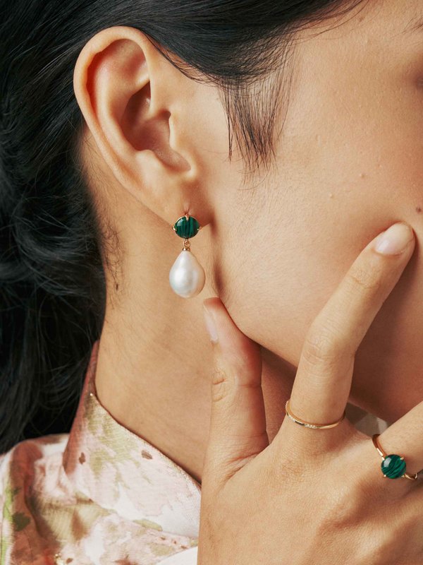 Quincy Earrings - Malachite & Baroque Pearls in Champagne Gold