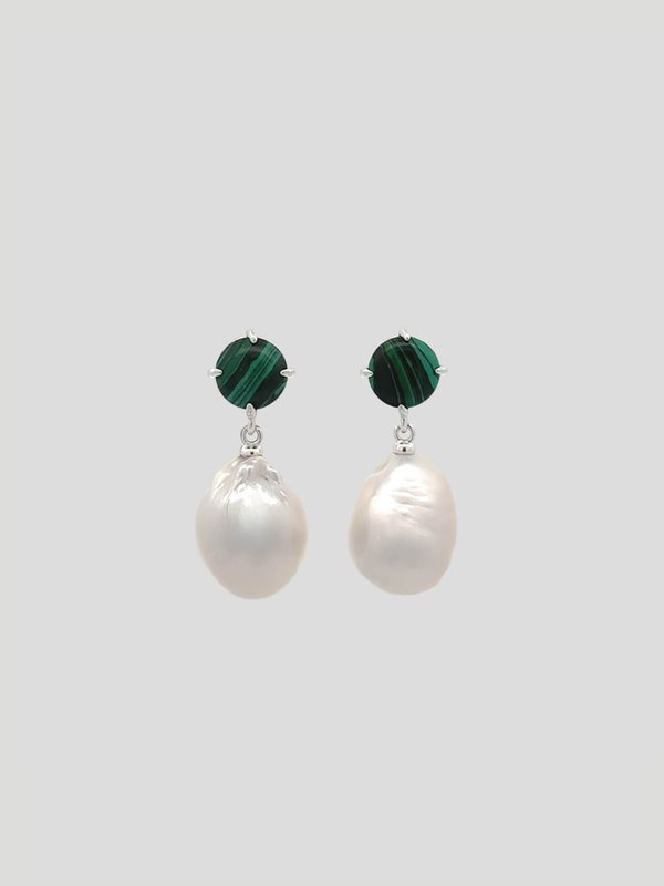 Quincy Earrings - Malachite & Baroque Pearls in Silver