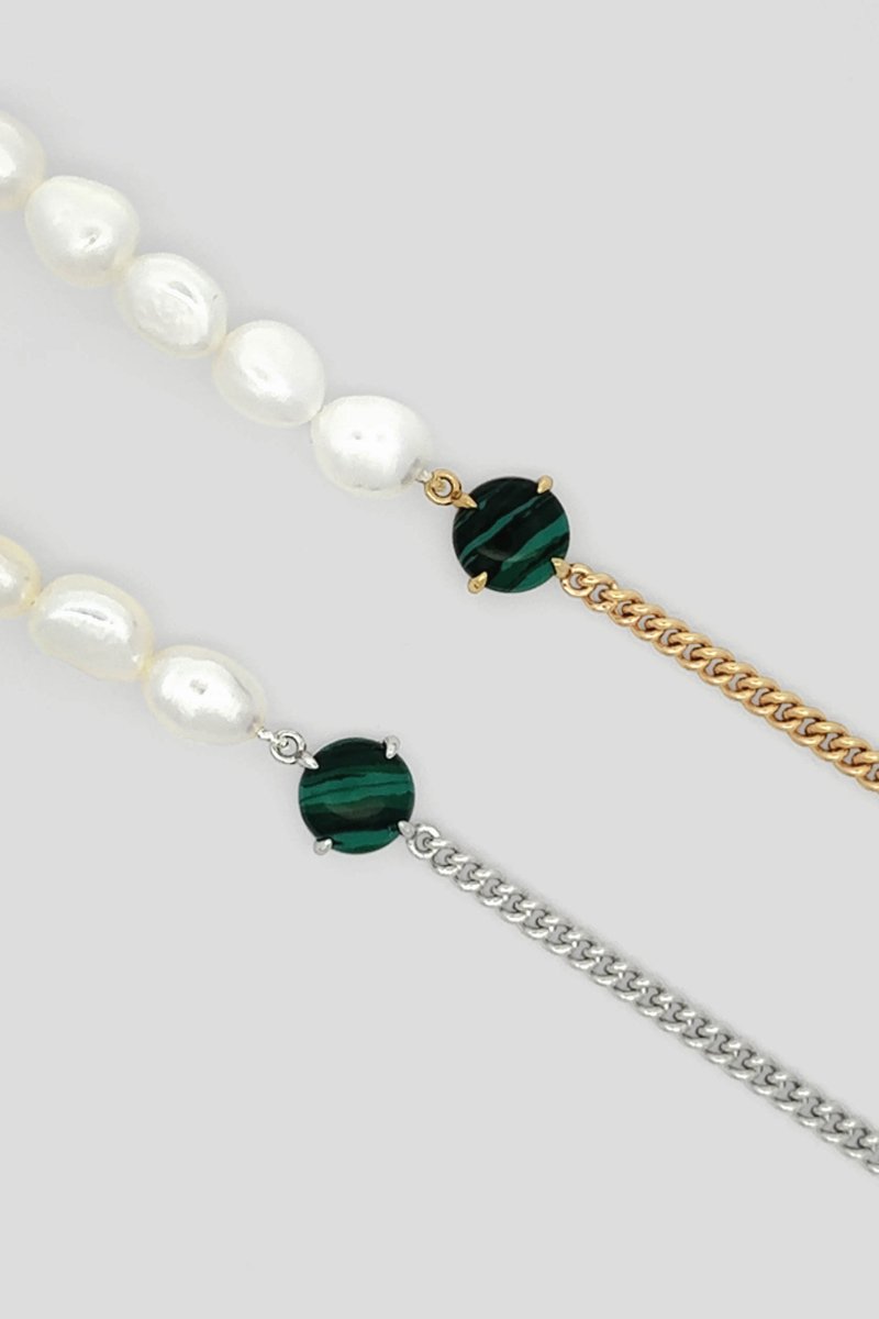 Quincy Gold Bracelet with Malachite and Keishi Pearls