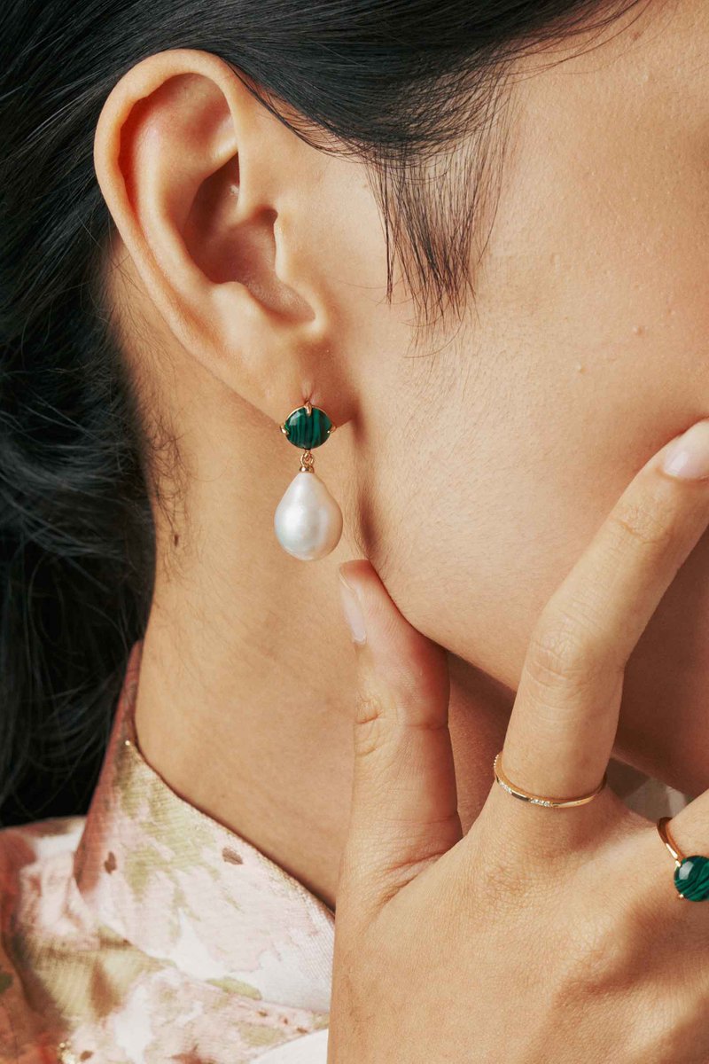 Quincy Gold Earrings with Malachite & Baroque Pearls