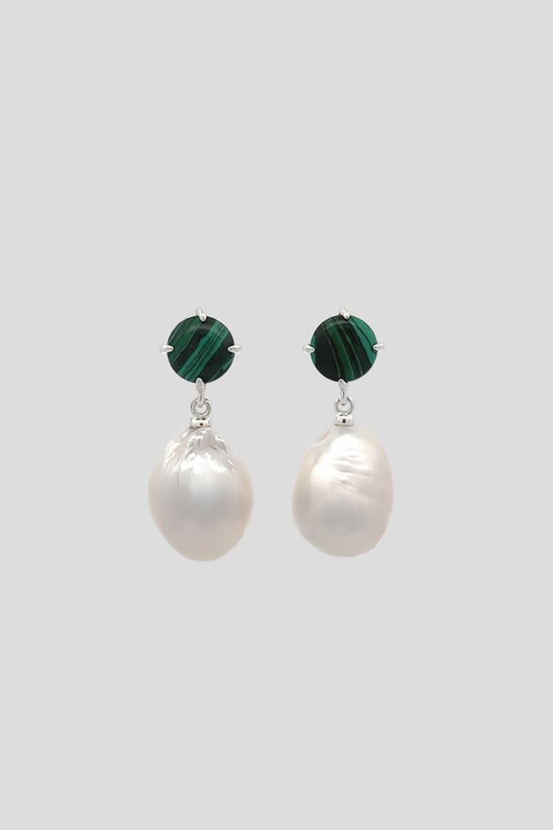 Quincy Silver Earrings with Malachite & Baroque Pearls